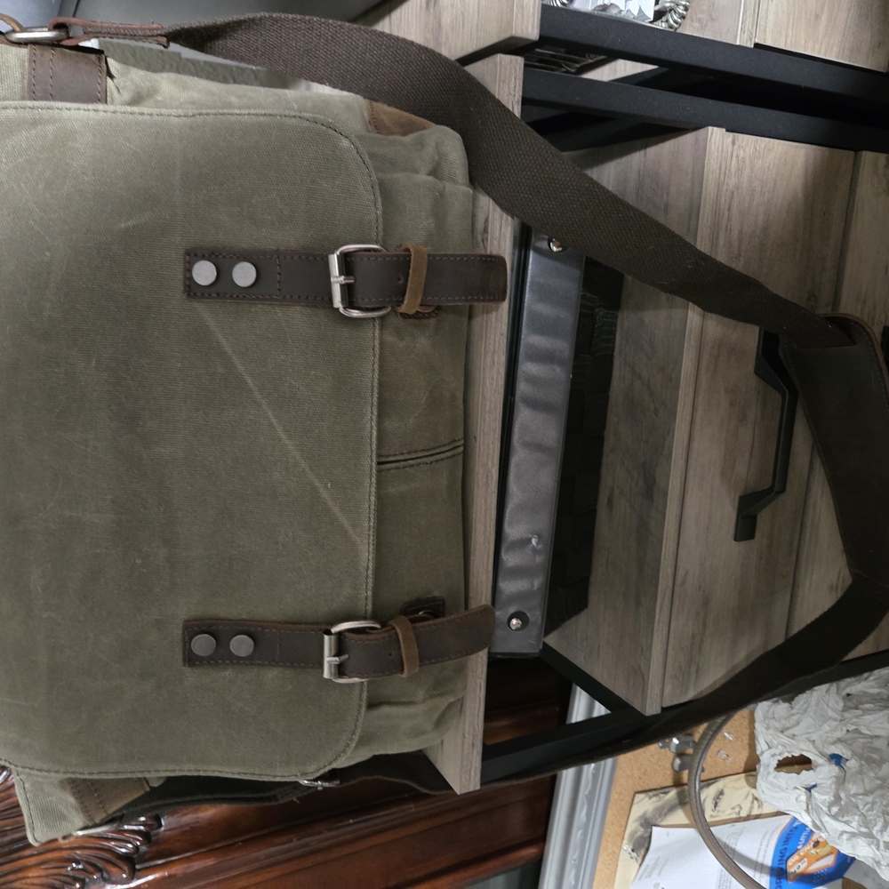 Green and Brown Canvas Messenger Bag with Metal Buckles